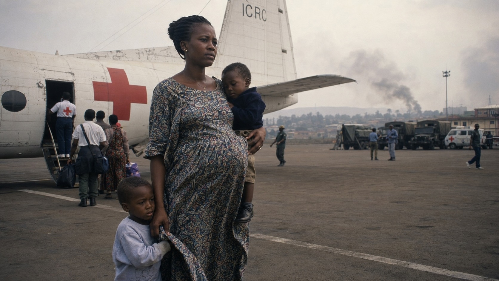 A pregnant woman in a floral dress holds her child as another clings to her at an ICRC airfield outside Kigali in 1994, smoke rising on the hills behind her